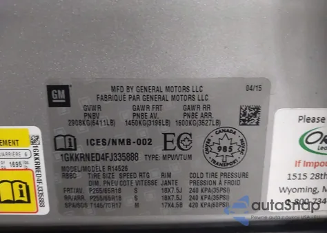 2015 GMC Acadia Sle-1 z USA, uszkodzony, nr VIN 1GKKRNED4FJ335888